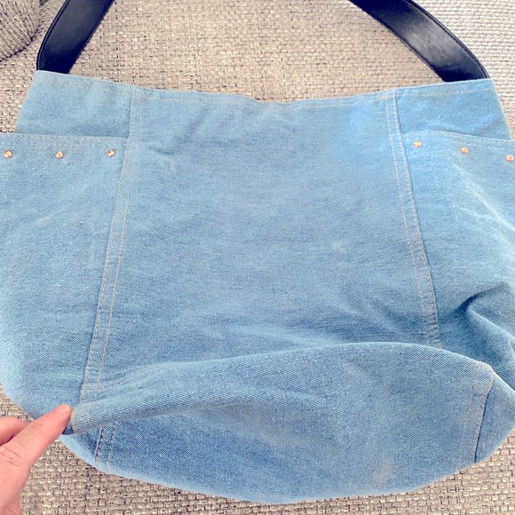Victoria Secret Denim Tote Blue Jean Studded Shoulder Carry Shoppers Hand Bag - Picture 7 of 9